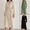 Vestido Japonés de Primavera con Solapa Nueva, Cruzado Sencillo, Correa Lateral, Cintura Ajustada, Color Sólido, Largo Hasta la Rodilla, Manga Larga