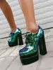Nuevos Zapatos Británicos de Primavera y Otoño para Mujer Escama de Pez Lentejuelas Cordones Boca Profunda de una Sola Capa Plataforma de Agua Tacón Grueso Tacones Altos Zapatos de Escenario
