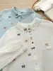 Camisa de manga larga estilo vintage, artística, bordada con mariposas, para mujer, con corte holgado, diseño de algodón puro y una capa exterior de gasa de algodón de doble capa.