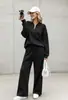 Conjunto de Moletom com Meio Zíper Estilo Europeu e Americano Outono/Inverno 2026 para Mulheres, Solto, Caimento Fluido, Calça Wide Leg, Conjunto Casual de Duas Peças