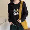 Suéter encerado macio com estampa de flores jacquard de gola redonda estilo coreano outono e inverno novo suéter solto e emagrecedor para mulheres