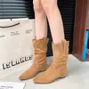 Botas vaqueras de punta para mujer, a media pantorrilla, estilo nuevo, tacón de mezclilla apilado, botines bajos americanos para personas bajas, moda rad, primavera, otoño