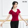 Ropa de práctica de ballet de danza moderna para mujer, camiseta de algodón con nudo plisado en el pecho y cuello en V grande, top de yoga