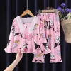 Pijama Infantil del Sudeste Asiático para Niñas, Conjunto de Manga Larga y Pantalón Largo de Dibujos Animados Dulces para Niñas Mayores, Conjunto de Ropa de Casa con Cuello Cuadrado