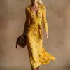 Vestido Transfronteiriço Novo Estilo com Decote em V e Mangas Longas com Elementos de Impressão Digital 3D, Saia Fashion e Personalizada para Marcar a Cintura Feminina