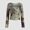 Playera de Malla de Principios de Otoño para Mujer, Nuevo Estilo de Verano, Estilo Chica Picante Deseo Puro, Top Corto de Manga Larga Fino con Hombros Descubiertos Tie-Dye para Mujer