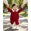 Body Nuevo para Bebé Niña Primavera y Otoño Color Rojo Vino Cuello con Adorno de Encaje Mameluco con Lazo Traje para Gateo al Aire Libre de Manga Larga para Primer Cumpleaños