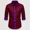 Camisa Casual de Lujo para Negocios de Color Claro, Tela Anti-Arrugas sin Planchar, Cuello de Color Contrastante, Manga Larga con Empalme de Patrón Oscuro Cruzado