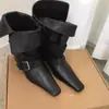 Versão em Couro Bota Cowboy Ocidental Estilo Coreano Nicho Botas Curtas Salto Grosso Bico Quadrado Pequeno Fivela de Cinto de Couro Cruzada Botas Emagrecedoras