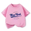 Camiseta Nova de Verão Infantil com Estampa de Letras de Nova York Roxa, Camiseta para Meninas, Camiseta Infantil de Manga Curta, Camiseta de Algodão da Moda, Rosa