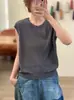 26 Nuevo Estilo de Verano Lino Cuello Redondo Estilo Coreano Mangas Cortas Volantes Holgado Casual Tejido Pulóver Top sin Mangas Chaleco para Mujer