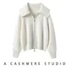 Cardigã de Malha Cashmere Feminino Bordado em Toalha Lapela Grande Outono Inverno Novo Design Espessado Zíper Duplo Casaco Suéter