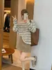Suéter de Punto Rayado de Manga Larga y Cuello Redondo para Mujer, Nueva Moda Primavera 2026 Estilo Holgado Perezoso Suéter Pulóver Camisa Base Top