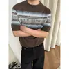 Camiseta de punto de manga corta para hombre con rayas jacquard Fair Isle, estilo old money, business casual, seda de hielo, verano, venta al por mayor de fábrica transfronteriza