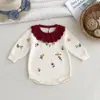 Mameluco de punto bordado floral de algodón puro para bebé, mameluco suéter con cuello de encaje para bebé niña