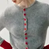 Otoño e Invierno Nuevo Estilo Pequeño Estilo Chanel Diseño de Botones Suéter de Cachemira Manga Larga Cárdigan Tejido para Mujer Bloque de Color Cuello Redondo Suéter Engrosado