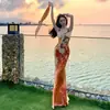 Vestido de Tirantes Estampado de Nicho Estilo Resort para Mujer, Nuevo Estilo de Verano, Cuello de Chica Popular, Corbata, Retazos, Vestido Ajustado a la Cadera