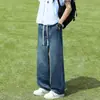 Calças Jeans Finas de Seda Gelada Masculinas 2026 Verão Calças com Cordão Cintura Elástica Largas de Perna Larga Tamanho Plus Reta Comprimento Total