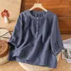 Nuevo top de verano estilo vintage de color liso de algodón y lino con manga corta, holgado y versátil, camisa adelgazante de cuello redondo estilo étnico