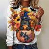 Camiseta de manga larga de Halloween para mujer, otoño e invierno, linda camiseta con estampado 3D de gato, diseño original, jersey para vacaciones