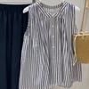Estilo Artístico Vintage Rayas Verticales Blancas y Negras Sin Mangas Algodón Lino Chaleco Camisa Mujer Nuevo Verano Camisa Estilo Vacaciones Top