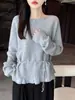 Suéter de Punto de Lana Pura Off-Shoulder Nuevo Invierno 2026 para Mujer, Manga Larga, Color Sólido, Suéter de Lana con Diseño de Corbata