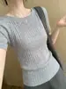 Top de punto acanalado estilo coreano con cuello redondo y manga corta para mujer, verano, temperamento, adelgazante, versátil, camiseta, top fino y fresco