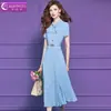 Vestido Camisero Azul Original Feimengyi para Mujer, Manga Corta, Estilo Francés de Verano, Sencillo y Elegante, Ceñido a la Cintura, Vestido Midi Plisado