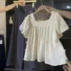 Novo Top de Chiffon Branco com Mangas Bufantes para Mulheres 2025, Blusa de Verão Estilo Boneca Francesa com Cintura Marcada, Emagrecedor e Valorizador