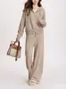 Cardigan corto de punto liso con capucha estilo minimalista transfronterizo conjunto de suéter casual para mujer con pantalones conjunto de dos piezas
