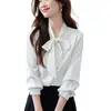 Foto Real Camisa com Laço Feminina Manga Longa 2025 Primavera Nova Blusa com Fita Francesa com Base Camisa Branca