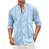 Camisa de Algodón Lino Transfronteriza Cuello 2024 Hombres Europeos y Americanos Casual Botón Verano Vacaciones en la Playa Yama