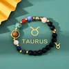 Pulseras Populares Transfronterizas de las 12 Constelaciones y los Ocho Planetas Tejidas a Mano para Hombres y Mujeres, Pulseras de Piedra Natural Negra Mate