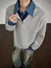 Moletom unisex de peso pesado, estilo americano, com zíper parcial, duas faces, que imita peça dupla, para outono/inverno, com gola polo, manga longa, moderno