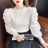 Outono Novo estilo puro desejo estilo de malha assentamento camisa feminina design de alto sentido nicho bolha manga comprida branco top chique