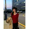 Camiseta básica de punto puramente deseable con escote en V bajo y mangas acampanadas, prenda interior de manga larga para mujer para otoño e invierno, top suéter suave de ajuste ceñido