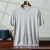 Camiseta masculina de lã 100% pura, fio fino, bitola 18, manga curta, gola redonda, suéter de verão justo, malha de meia-manga