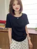 Camiseta de Manga Curta em Tencel Linho com Gola Drapeada Estilo Coreano para Mulheres, Novo Design de Verão 2026, Versátil