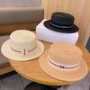 Sombrero de paja blanco elegante de estilo francés para verano, con parte superior plana, para mujer, para vacaciones en la playa, sombrero de copa informal sencillo y combinable.