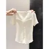 Tricô de Manga Curta com Renda Patchwork para Mulheres 2026 Verão Novo Estilo Design Estilo Puro Lust Camiseta de Tricô de Manga Curta Manga Curta