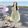 Vestido de Princesa para Niñas 2026 Nuevo Vestido de Verano Delgado para Niños Mayores, Vestido Floral Verde, Estilo Coreano