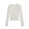 Novedad para Otoño 17/8 Principios de Otoño Ligeramente Madura Deseo Puro Transparente Ajustado Manga Larga Cuello en V Blusa de Encaje para Mujer F1151