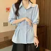 Camisa feminina elegante azul listrada estilo francês de manga curta, verão plus size 2026, top novo slim-fit que afina a cintura