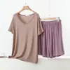 Conjunto informal de dos piezas para mujer, camiseta de manga corta con cuello en V talla grande y shorts, conjunto de pijama de modal de verano