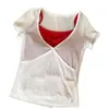 Camiseta curta de malha sexy e atraente com decote em V e renda emendada para mulheres, conjunto de duas peças de verão, top curto versátil justo