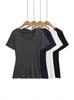 Camiseta de Manga Corta con Cuello en V Estilo Deseo Puro Hombro Regular Verano 2025 Nueva Simple Color Sólido Versátil Slim Casual Top Básico