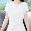 Top Ligero de Satén con Cuello Redondo, Mangas Acampanadas y Cintura Fruncida con Pliegues Franceses, Nueva Moda Verano 2026 Camiseta de Manga Corta para Mujer