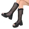 Zapatos de tacón alto de malla hueca transpirables con punta abierta de moda para mujer, nuevo estilo de verano 2026, botas hasta la rodilla con cremallera trasera, botas geniales