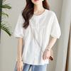 Camisa Bordada Hueca de Algodón Tipo Capullo con Cuello Redondo 2026 Verano Nueva Camisa de Manga Corta para Mujer Top Casual Fresco y Versátil
