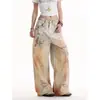 Calça Jeans Unissex Retrô Americana Colorida de Deserto com Estampa de Corrente de Renda para Menina Picante, Perna Larga Reta Solta, Comprimento no Chão